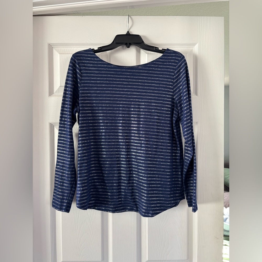 St. John's Bay Blue and Silver Striped Long Sleeve Top